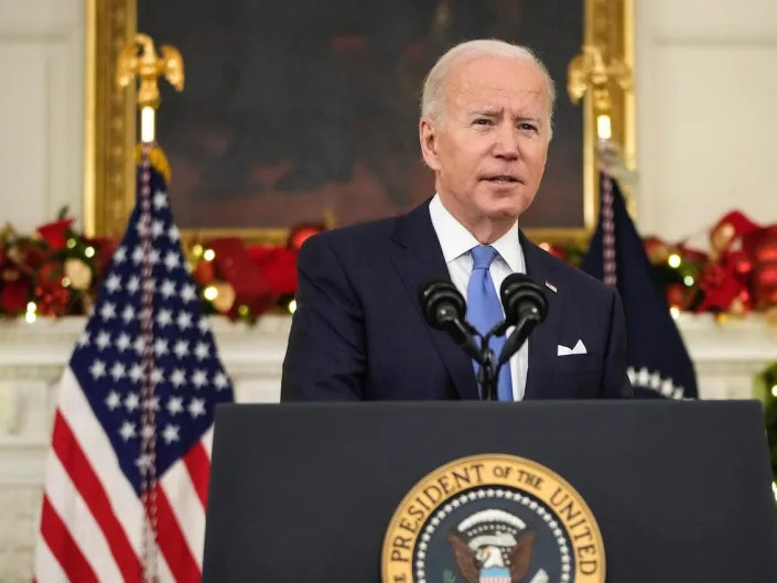 President Joe Biden speaks about the omicron variant of the coronavirus in the State Dining Room of the White House December 21, 2021 in Washington, DC.