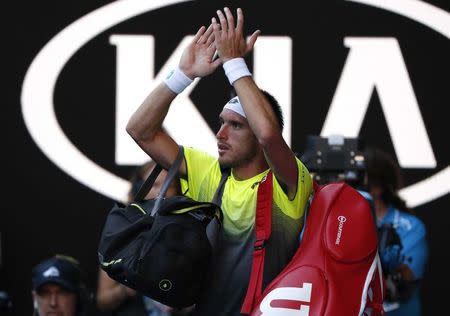 Tennis - Australian Open - Rod Laver Arena, Melbourne, Australia, January 17, 2018. Argentina's Leonardo Mayer applauds after losing his match against Spain's Rafael Nadal. REUTERS/Issei Kato