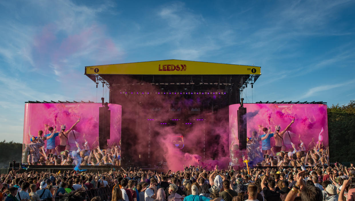 LEEDS, ENGLAND - AUGUST 24:  Matthew Murphy, Tord Øverland Knudsen and Dan Haggis of The Wombats perform on stage during Leeds Festival 2019 at Bramham Park on August 24, 2019 in Leeds, England. (Photo by Katja Ogrin/Redferns)