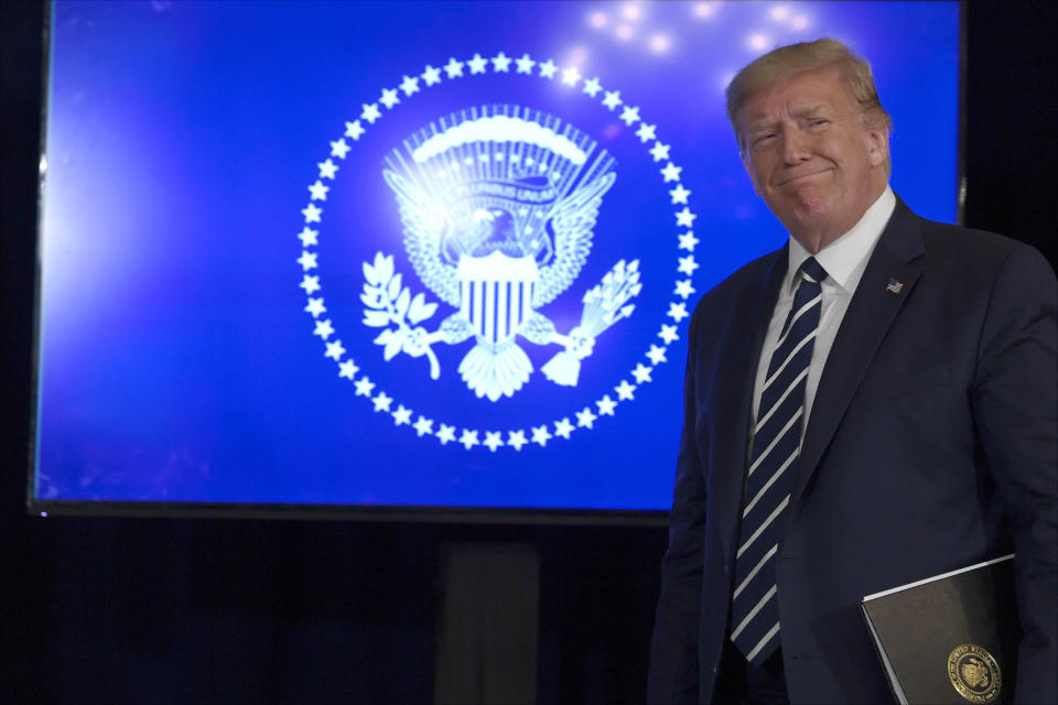 President Donald Trump arrives to speak at Trump National Golf Club Bedminster in Bedminster, N.J., Friday, Aug. 7, 2020. (AP Photo/Susan Walsh)