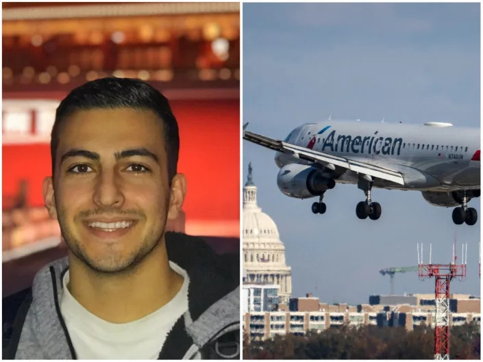 A collage of Ashkan Aghassi and an American Airlines aircraft.