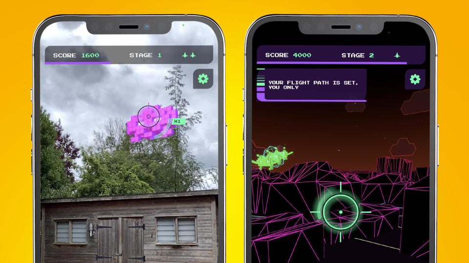 Two iPhones showing Google's AR Space Invaders game