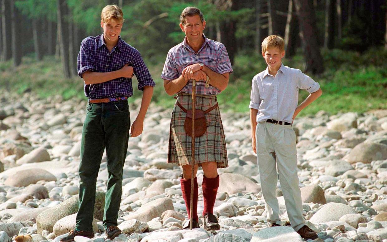 Prince Charles With Prince William And Prince Harry on holiday at Polvier, Scotland, in 1997 - Getty Images