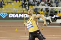 Jakub Vadlejch, of the Czech Republic, makes an attempt in the men's javelin throw during the Diamond League athletics meet at the Qatar Sports Club stadium in Doha, Friday, May 10, 2024. (AP Photo/Hussein Sayed)
