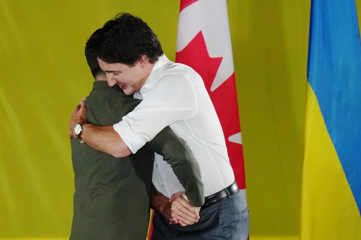 Trudeau and Zelensky embrace during  Zelensky’s visit to Canada (AP)