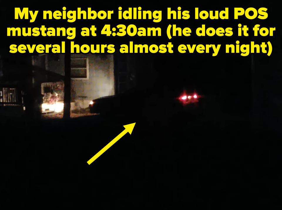 arrow pointing to a car in the dark captioned 