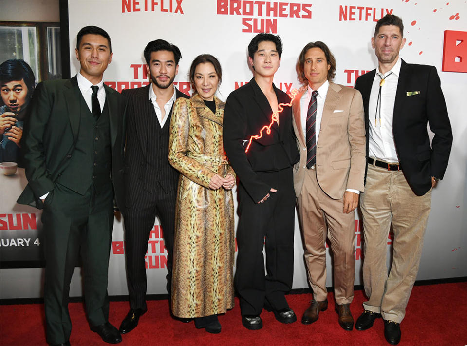 Byron Wu, Justin Chien, Michelle Yeoh, Sam Song Li, Brad Falchuk and Mikkel Bondesen attend the premiere of Netflix's The Brothers Sun at Netflix Tudum Theater on January 04, 2024 in Los Angeles, California.