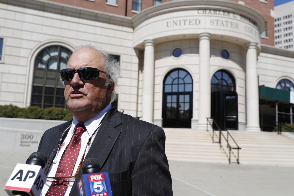 Attorney Joe Rice, who represents a group of plaintiffs in the Purdue Pharma bankruptcy, speak to reporters in White Plains, N.Y., Tuesday, Sept. 17, 2019. Purdue Pharma gets its day in court Tuesday after the OxyContin maker filed for bankruptcy and negotiated a potential multi-billion dollar settlement to resolve thousands of lawsuits. (AP Photo/Seth Wenig)