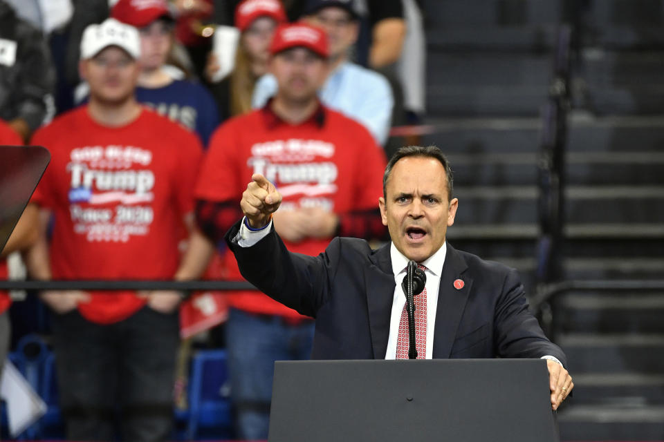 Kentucky Gov. Matt Bevin address the audience before the start of a rally for President Donald Trump in Lexington, Ky., Monday, Nov. 4, 2019. Bevin basked Monday in the campaign finale he wanted — an election-eve appearance with President Donald Trump just hours before Kentucky voters choose between him and Democratic Attorney General Andy Beshear. (AP Photo/Timothy D. Easley)
