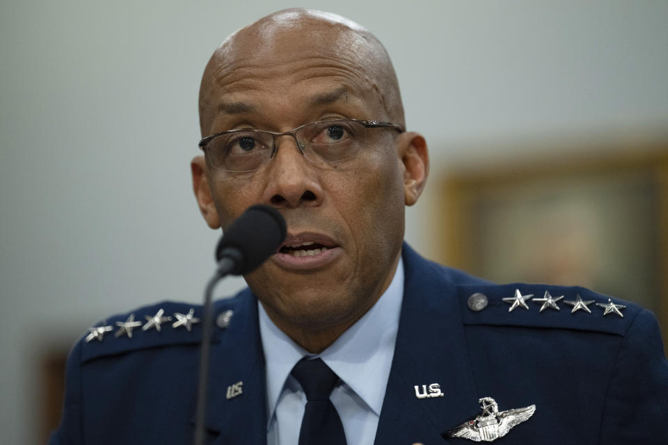 Chairman of the Joint Chiefs of Staff Gen. Charles Brown Jr. testifies during a House Committee on Appropriations, Subcommittee on Defense budget hearing Fiscal Year 2025 on Capitol Hill, Wednesday, April 17, 2024 in Washington. (AP Photo/John McDonnell)