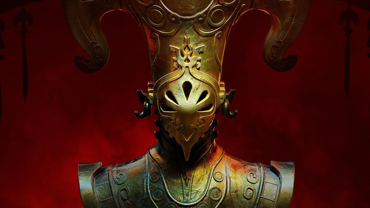   A gold-helmeted personage from Remnant 2 looms regally in front of the camera. 