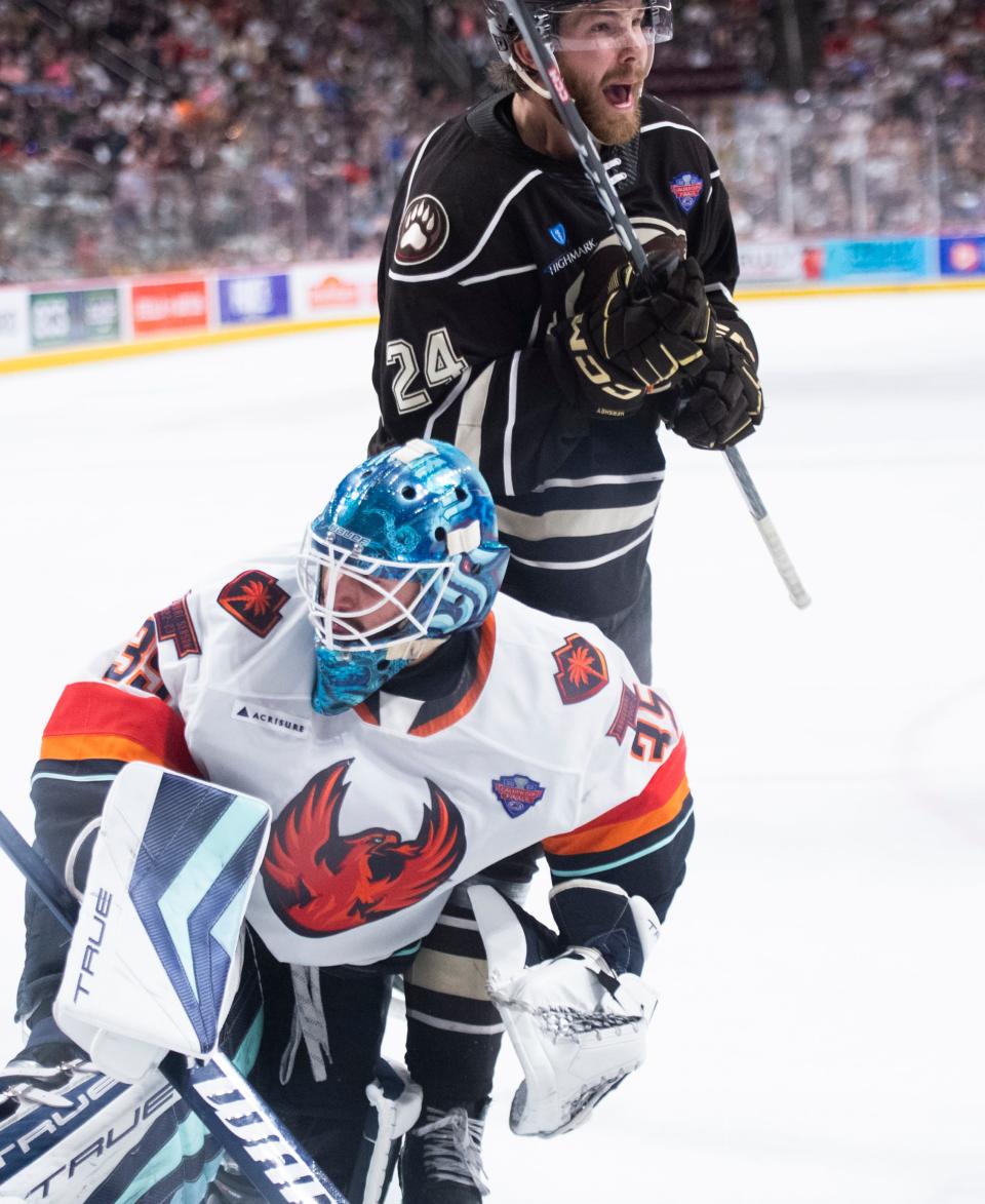 Hershey's Riley Sutter (24) reacts after scoring the game-winning shot, giving the Bears a 5-4 overtime victory in Game 3 of the Calder Cup Finals against Coachella Valley at the Giant Center in Hershey, Pa., Tuesday, June 13, 2023.