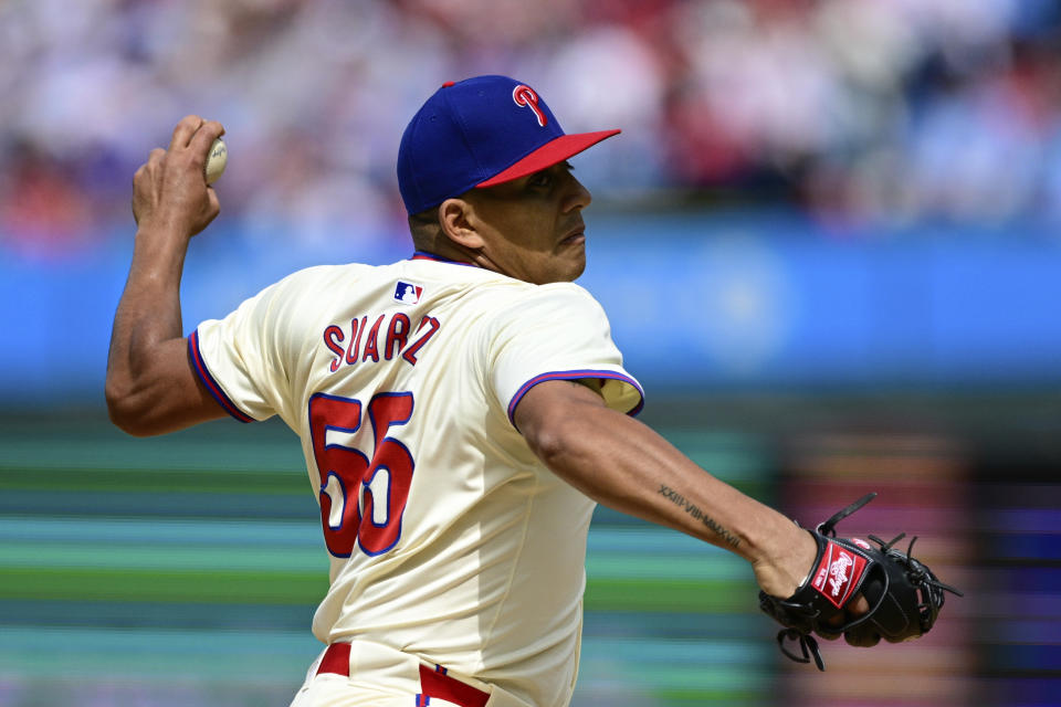 Philadelphia Phillies starting pitcher Ranger Suarez throws to an Atlanta Braves during the second inning of a baseball game Sunday, March 31, 2024, in Philadelphia. (AP Photo/Derik Hamilton)