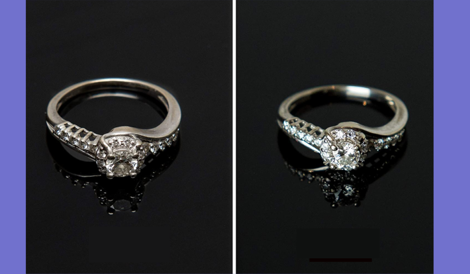 before and after shots of a ring that was cleaned with Magnasonic jewelry cleaner
