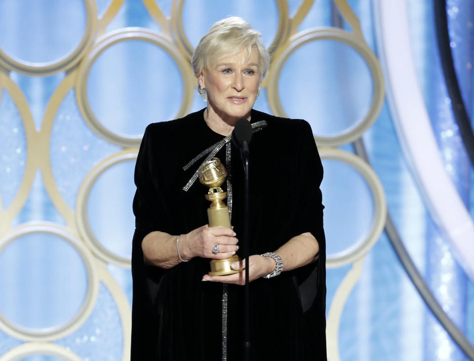 Glenn Close accepts the award for best actress in a drama film for her role in “The Wife” during the 76th Annual Golden Globe Awards at the Beverly Hilton Hotel on Sunday, Jan. 6, 2019, in Beverly Hills, Calif. (Paul Drinkwater/NBC via AP)