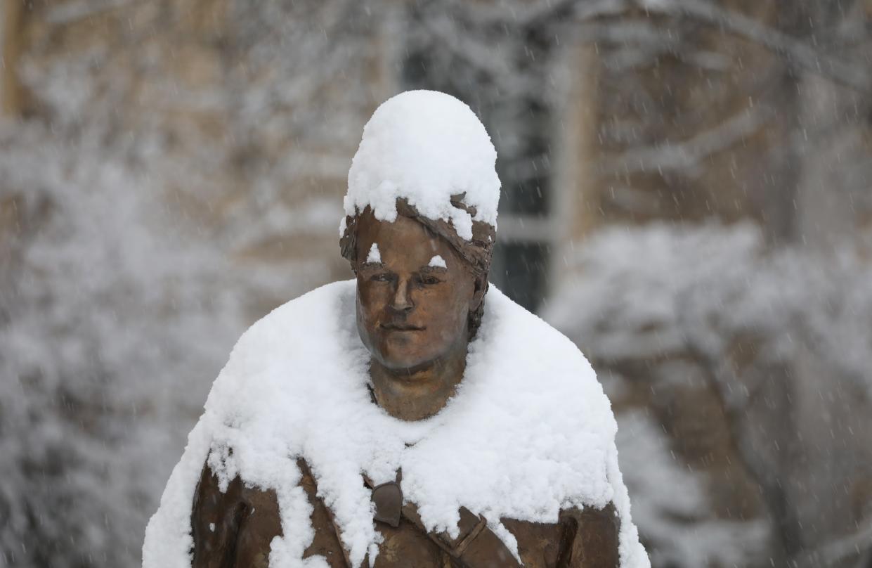 Philip Seymour Hoffman bronze statue at the George Eastman Museum on a snowy Sunday, Jan. 7, 2024. Over four inches of snow fell in Rochester overnight.