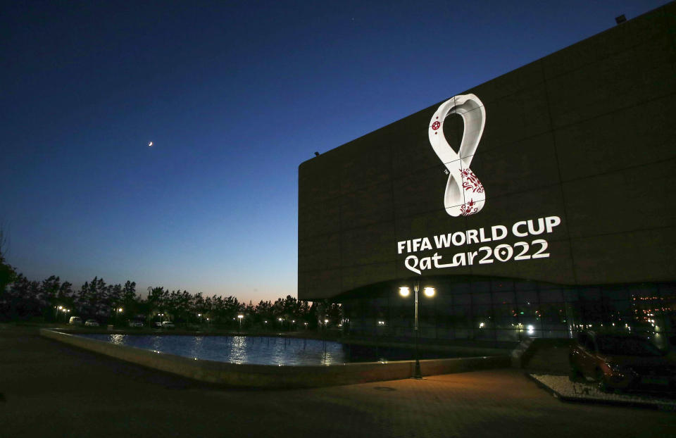 The Fifa World Cup Qatar 2022 logo is projected on the facade of the Algiers Opera House in the Algerian capital on September 3, 2019. (Photo by - / AFP)        (Photo credit should read -/AFP via Getty Images)