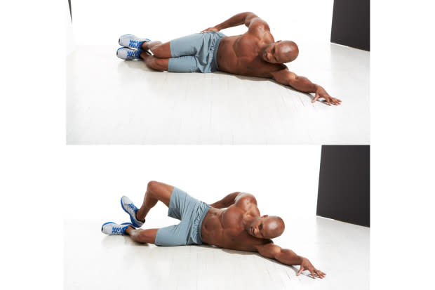 How to do it:<ol><li>Lie on your side on the floor and bend your knees 90 degrees.</li><li>Your knees and feet should be stacked.</li><li>Place one hand on your glutes and push through your heel as you rotate your hip open, raising your knee until it points to the ceiling. The movement should look like a clamshell opening.</li><li>Reverse the motion to return to the start. That's one rep.</li></ol>