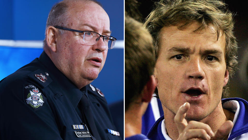 A 50/50 split image shows Victorian police commissioner Graham Ashton and former AFL coach Dean Laidley.