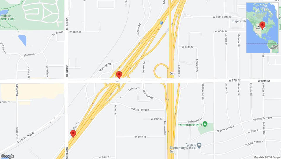 A detailed map that shows the affected road due to 'Overland Park: Monarch Highway temporarily closed' on May 8th at 9:56 p.m.