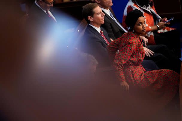 PHOTO: Rep. Ilhan Omar, D-Minn., watches voting in the House chamber as the House meets for a second day to elect a speaker and convene the 118th Congress in Washington, Jan. 4, 2023. (Andrew Harnik/AP)