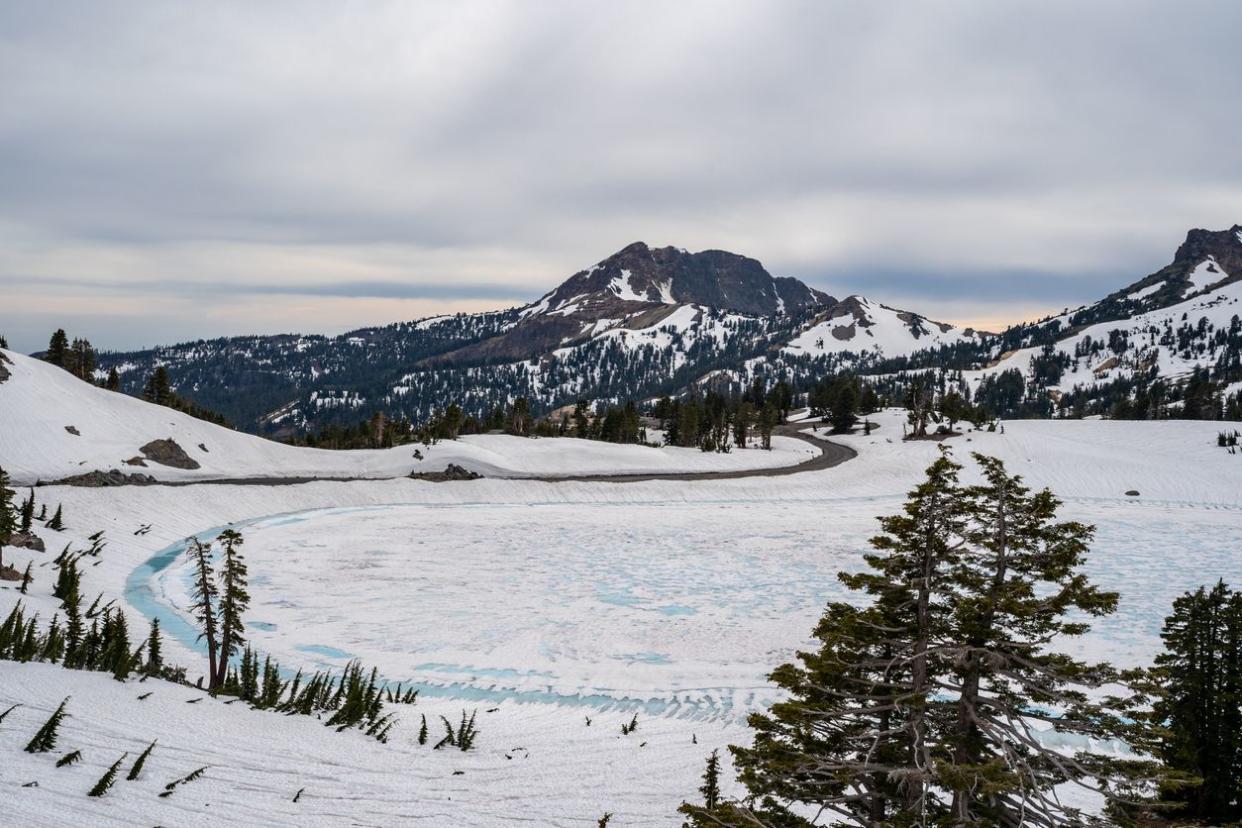 Melting ice on a frozen lake in summer in Lassen Volcanic National Park