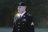 FILE - Army Sgt. Bowe Bergdahl arrives for a pretrial hearing at Fort Bragg, N.C., Jan. 12, 2016. Negotiations between the U.S. and Russia led to basketball star Brittney Griner's return to the U.S. on Friday, Dec. 9, 2022, in exchange for notorious arms dealer Viktor Bout. It is the latest in a series of high-profile prisoner swaps involving Americans detained abroad, one of whom was Bergdahl. He was handed over to U.S. special forces in May 2014 after nearly five years in captivity in Afghanistan, and arrived at Brooke Army Medical Center at Fort Sam Houston in San Antonio in the June 2014. In exchange, the U.S. released five Taliban prisoners being held at the U.S. military prison at Guantanamo Bay, Cuba. (AP Photo/Ted Richardson, File)