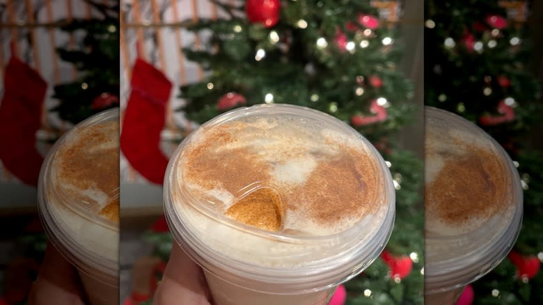 Starbucks Iced Gingerbread Oatmilk Chai with tree