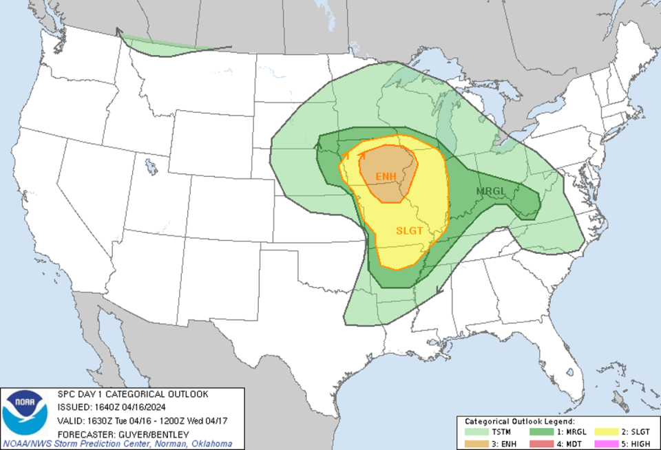 Severe thunderstorms are sweeping across the heartlands on Tuesday (National Weather Service)