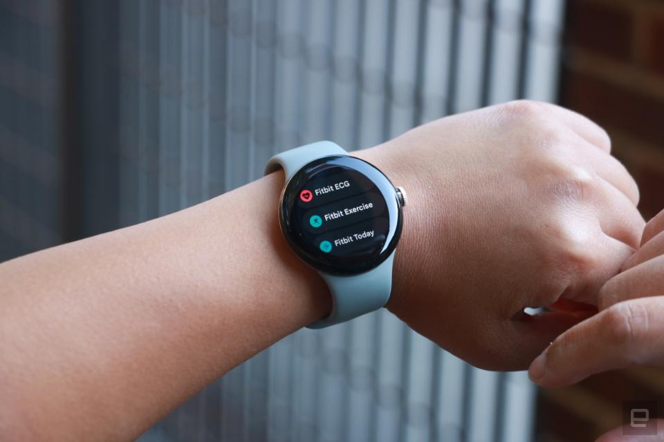 The Pixel Watch on a person's wrist, showing three apps. From top to bottom, they are 