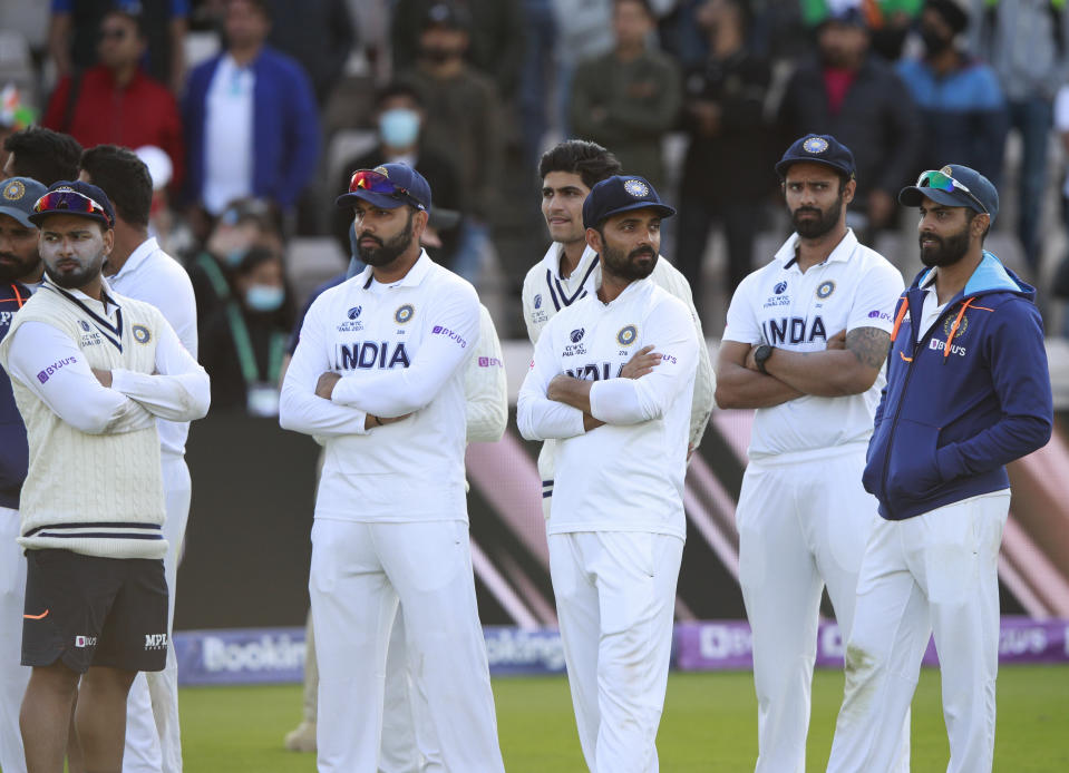 Indian players attend the presentation ceremony after New Zealand won the World Test Championship final cricket match, at the Rose Bowl in Southampton, England, Wednesday, June 23, 2021. (AP Photo/Ian Walton)