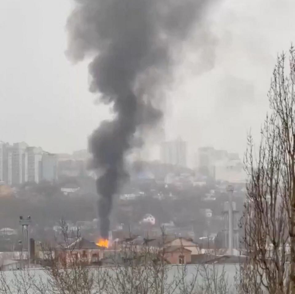 Flames and smoke rise following a drone strike in Belgorod