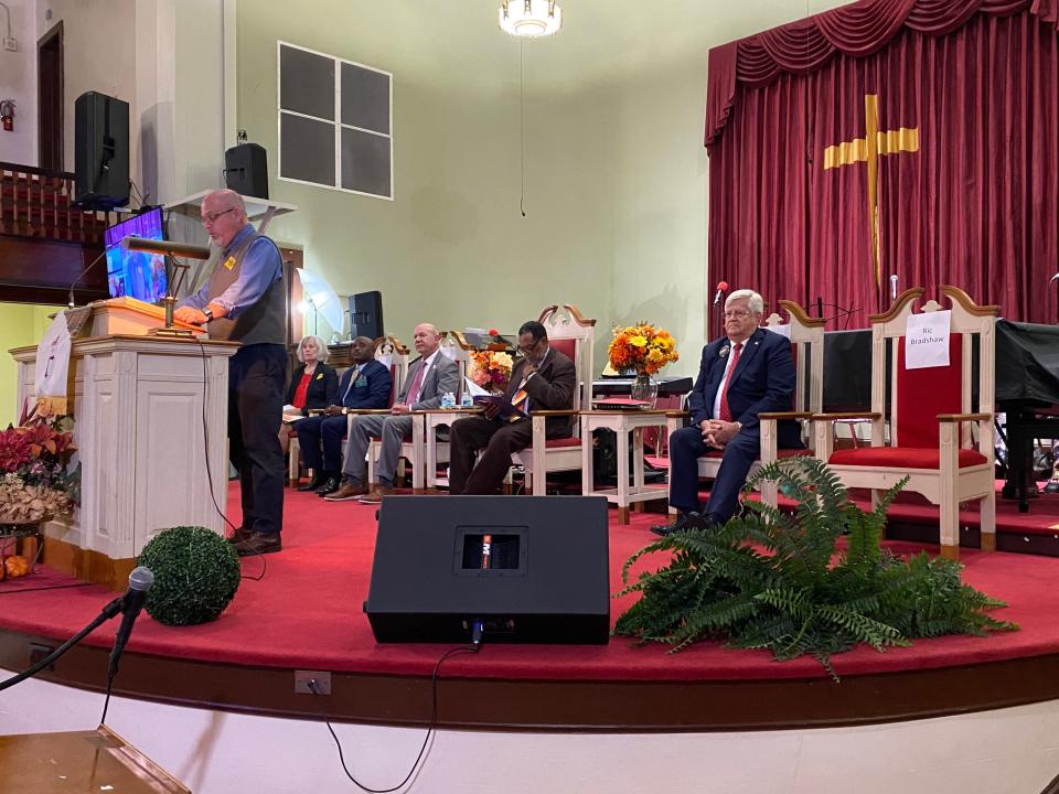 An empty chair represented Sheriff Ric Bradshaw at a PEACE community forum Monday night at Tabernacle Missionary Baptist Church in West Palm Beach Three other candidates - Democrat Alex Freeman and Republicans Michael Gauger and Lauro Diaz - were in attendance.