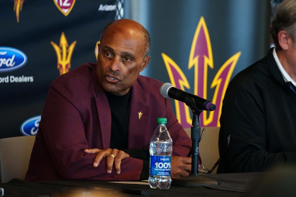 Vice President of university athletics Ray Anderson speaks at a news conference on Nov. 27, 2022, at Sun Devil Stadium in Tempe, Ariz. Anderson introduced Kenny Dillingham as the new Sun Devils football coach and shared about the hiring process.