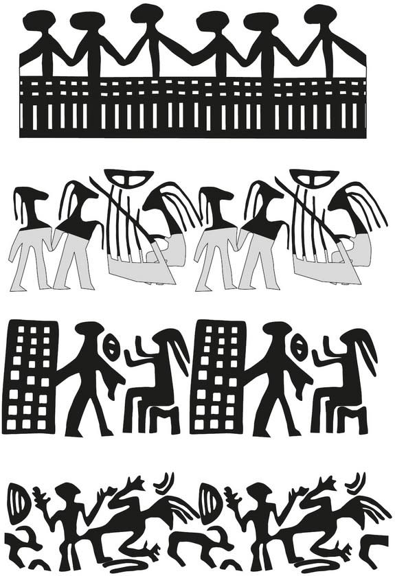 Mesopotamian Bronze Age artifacts show designs associated with revelry. Many think such images of feasting and sexual congress depict a sacred marriage rite, in which a king was married to a goddess. The second from the top row shows a reconst