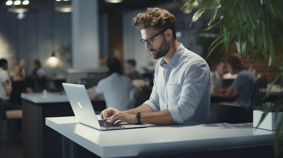 A software developer typing on a laptop in a modern office environment.