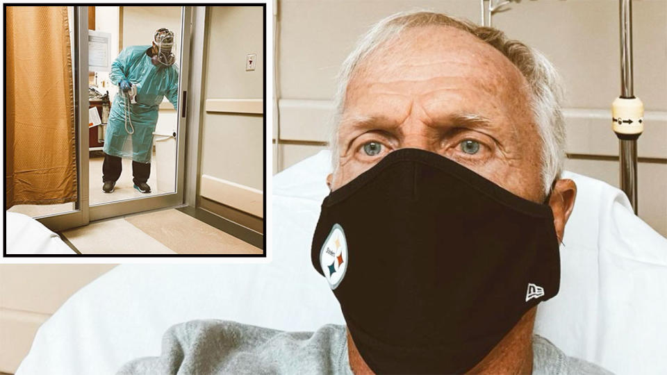 Seen here, Greg Norman lies in a hospital bed after testing positive for COVID-19.