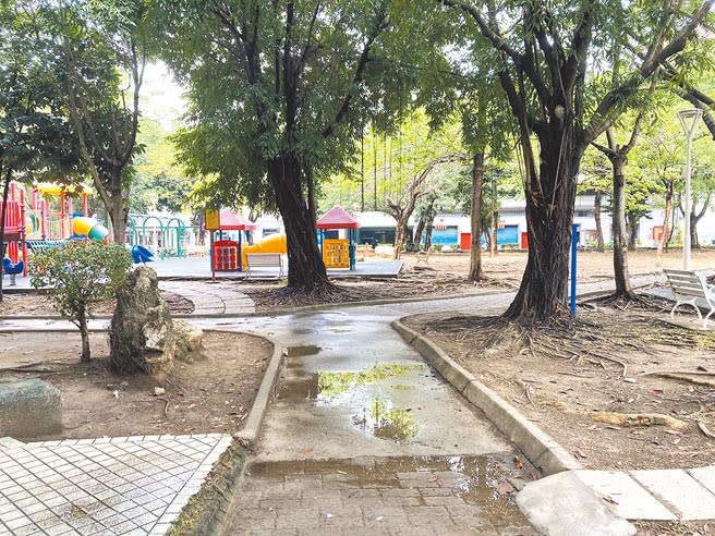 高雄市岡山和平公園老舊，行人步道破損，急需整建。（林瑞益攝）