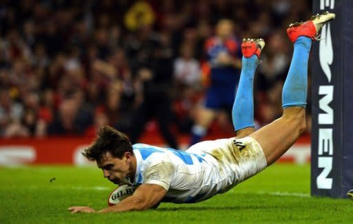 Argentina's wing Juan Imhoff scores a try during their Autumn International rugby union match against Wales at the Millennium Stadium in Cardiff, Wales. Argentina became the first team to beat Six Nations Grand Slam winners Wales at home this year as they recorded a come from behind 26-12 win