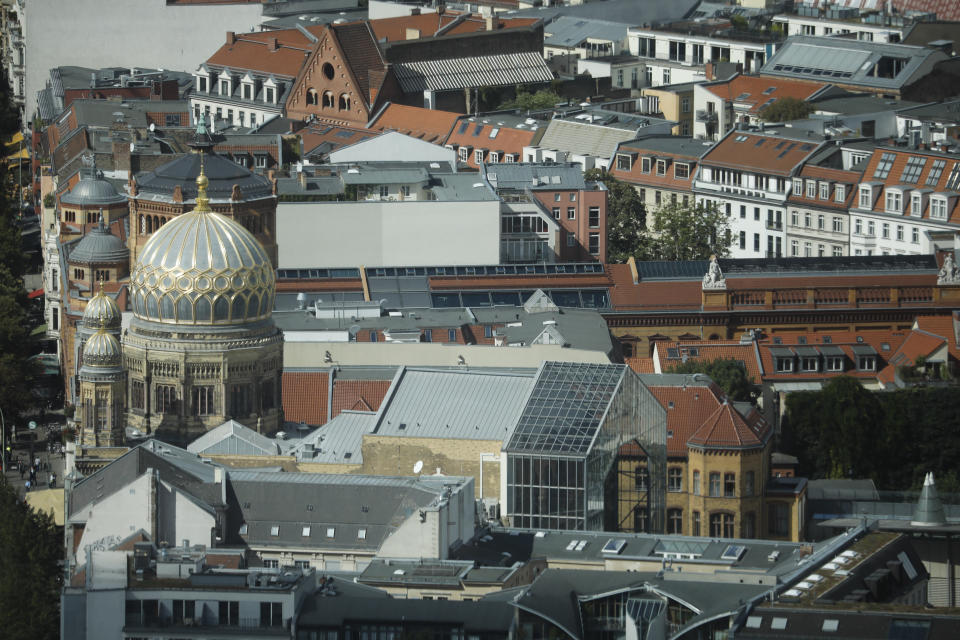 The New Synagogue, the Centrum Judicum is seen from the TV tower in Berlin , Germany, Thursday, Sept. 10, 2020. As Jews around the world gather Sunday night to mark the beginning of Yom Kippur, many in Germany remain uneasy about going together to their houses of worship to pray, a year after a white-supremacist targeted a synagogue in the eastern city of Halle on the holiest day in Judaism. (AP Photo/Markus Schreiber)