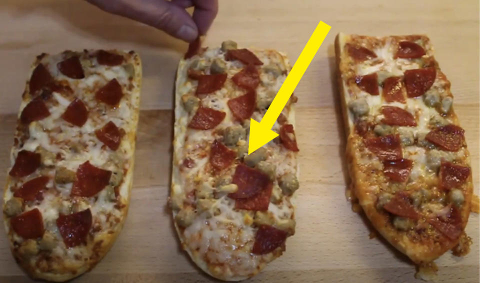 arrow pointing to french bread pizza with melted cheese next to two versions that are golden brown