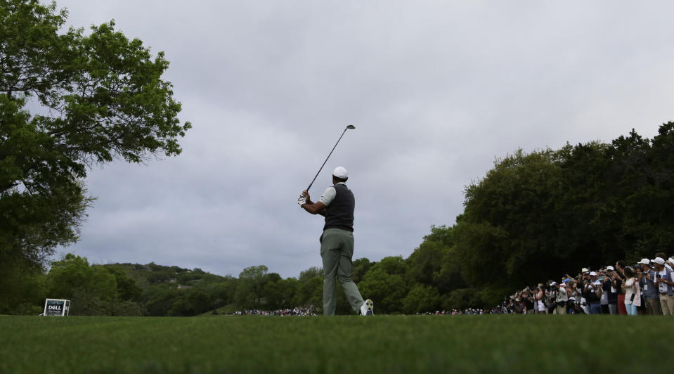 Tiger Woods hits his drive on the third hole during fourth round play at the Dell Technologies Match Play Championship golf tournament, Saturday, March 30, 2019, in Austin, Texas. 