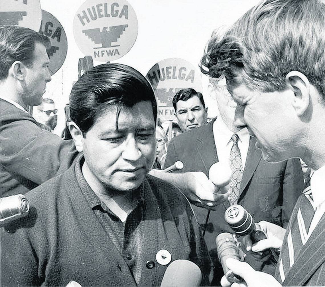 U.S. Sen. Robert F. Kennedy meets Cesar Chavez on March 14, 1966, in Delano and pledges his support to the United Farm Workers and its strike against grape growers.