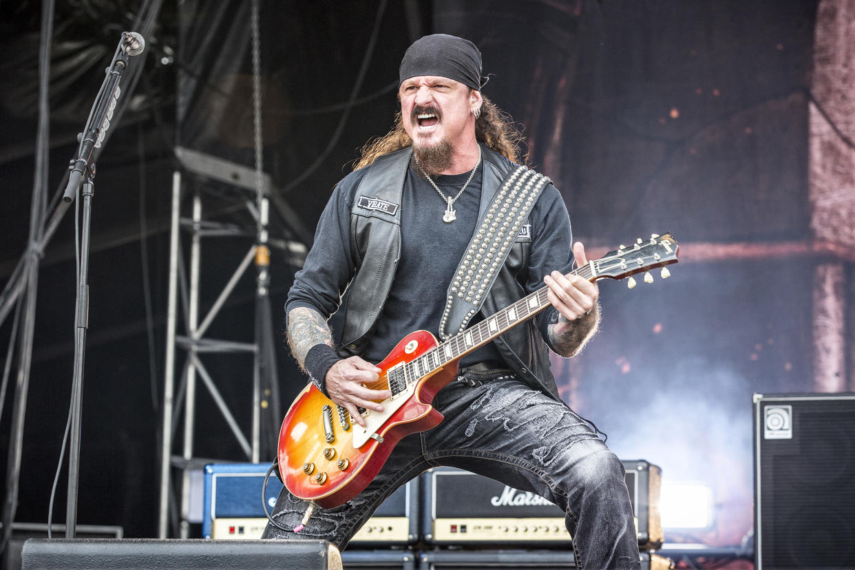 Image:  Guitarist Jon Schaffer, of the heavy metal band Iced Earth, performs during a rock festival 2017 in Blekinge, Sweden. (Gonzales Photo/Terje Dokken / PYMCA/Avalon/Universal Images Group via Getty Images)