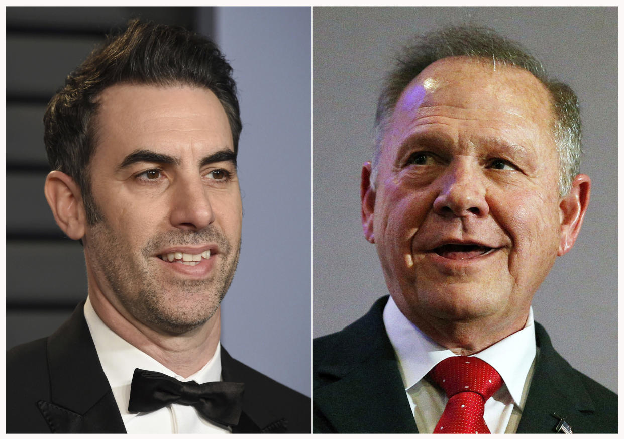 FILE - This combination of file photos shows actor-comedian Sacha Baron Cohen at the Vanity Fair Oscar Party in Beverly Hills, Calif. on March 4, 2018, left, and former Alabama Chief Justice and then U.S. Senate candidate Roy Moore at a news conference in Birmingham, Ala., on Nov. 16, 2017. A federal judge on Tuesday, July 3, 2021, dismissed failed U.S. Senate candidate Roy Moore’s $95 million lawsuit targeting comedian Sacha Baron Cohen filed after Moore complained he was tricked into an interview that lampooned sexual misconduct accusations against him.  (AP Photo/File)