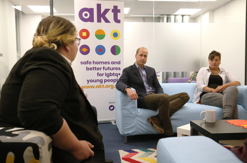 The Duke of Cambridge (centre) speaks to former and current service users Bridie Honour (left) and Claire Evans (right) during a visit to the Albert Kennedy Trust in London to learn about the issue of LGBTQ youth homelessness and the unique approach that the organisation is taking to tackling the problem.