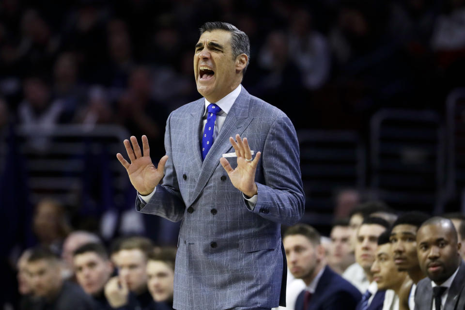 Villanova head coach Jay Wright yells to his team during the first half of an NCAA college basketball game against Georgetown, Sunday, Feb. 3, 2019, in Philadelphia. (AP Photo/Matt Slocum)