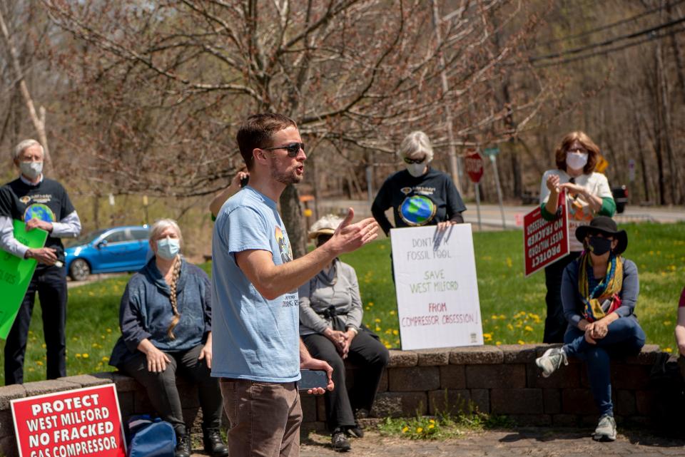 People gather in West Milford on Saturday April 24, 2021 to protest the Tennessee Gas Pipeline Company and the two proposed gas compressors along their pipeline. One would be in Wantage and one in West Milford. Matt Smith with Food and Water Watch speaks during the rally.