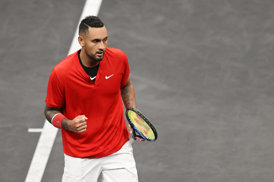 Nick Kyrgios (pictured) reacts during his match against Stefanos Tsitsipas of Team Europe on Day 2 of the 2021 Laver Cup.