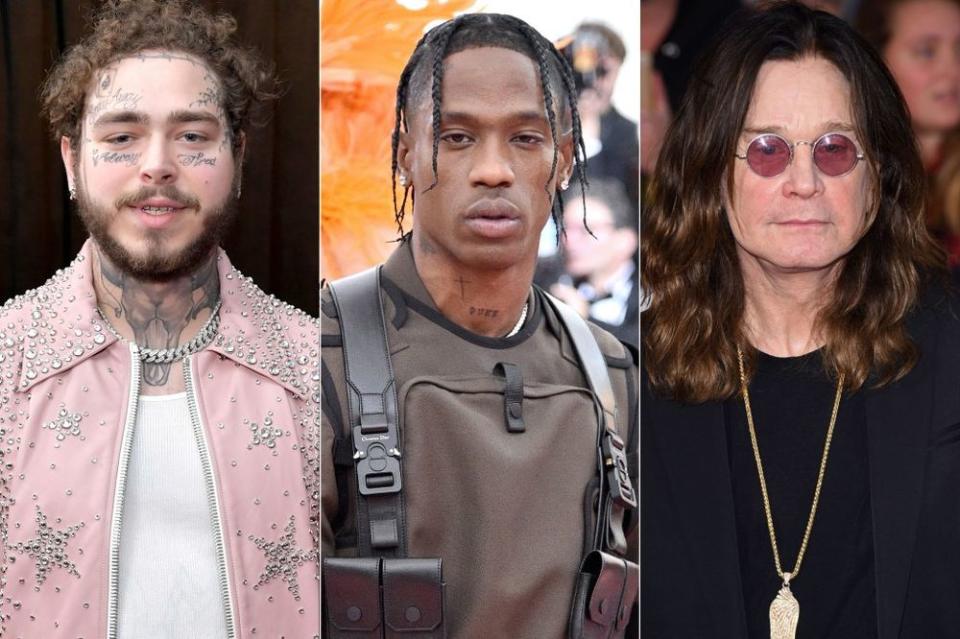 Post Malone; Travis Scott; Ozzy Osbourne | Neilson Barnard/Getty Images; Theo Wargo/WireImage; David Fisher/Shutterstock